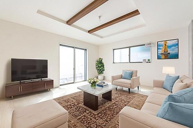 「家族が大好きなリビング」みんなが集まる広いリビング。みんなが大好きなリビングで家族団らん。みんなが集まるからこそ、一層の開放感を手にする素敵な住まい。※家具はイメージです。