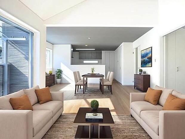 「上質な空間を」開放感と日当たりの良さに恵まれたリビング空間。(本画像はCGにて家具を配置しております。実際に家具はおかれておりません。)