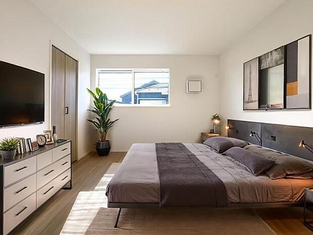 一日の疲れを癒す、静謐なプライベート空間。白と木のコントラストが美しい、上質なベッドルーム(本画像はCGにて家具等を配置しております。実際に家具等はおかれておりません。)