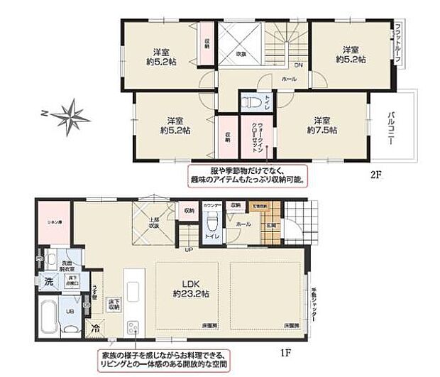 効率的な生活・家事動線と大空間を楽しむストレスフリーだからこそ、笑みが絶えない室内大空間を味わえる素敵な住まい。お子様が存分走り回れる、のびのび子育てが出来る室内空間。