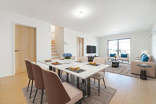 「集うダイニング」広いLDKだからこそ可能。リビングもダイニングも広々空間。（本画像はCGにて家具等を配置しております。実際に家具等はおかれておりません。）