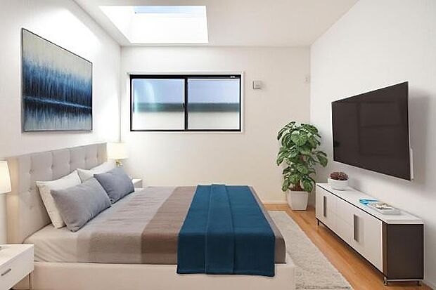 柔らかな陽光が差し込む明るい空間。爽やかな朝の目覚めが家族の健やかな一日を後押しします。心地よい光に包まれて、笑顔溢れる毎日を。※画像はCGにて家具等を配置しており、実際に家具は置かれておりません。