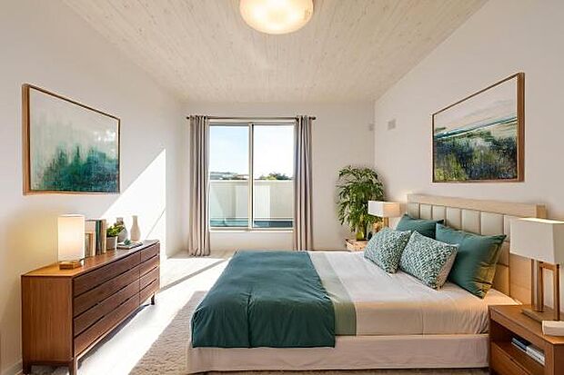 一日の疲れを癒す、静謐なプライベート空間。白と木のコントラストが美しい、上質なベッドルーム（本画像はCGにて家具等を配置しております。実際に家具等はおかれておりません。）