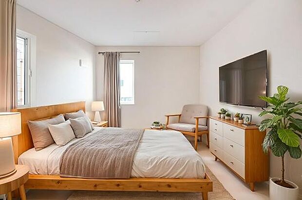 柔らかな陽光が差し込む明るい空間。爽やかな朝の目覚めが家族の健やかな一日を後押しします。心地よい光に包まれて、笑顔溢れる毎日を。※画像はCGにて家具等を配置しており、実際に家具は置かれておりません。