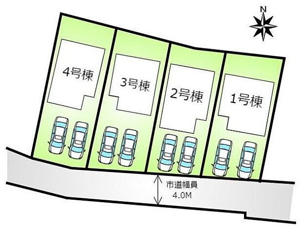 区画図　1号棟カースペースは2台（車種による）並列駐車が可能です！