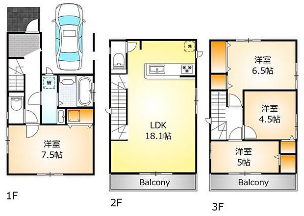 2階LDKは広々18.1帖、ご家族の様子がわかるリビング階段！1階7.5帖の主寝室には、床下収納付き収納スペース！バルコニーは南面バルコニーが2か所！お洗濯物が多い日も干すスペースには困りません！
