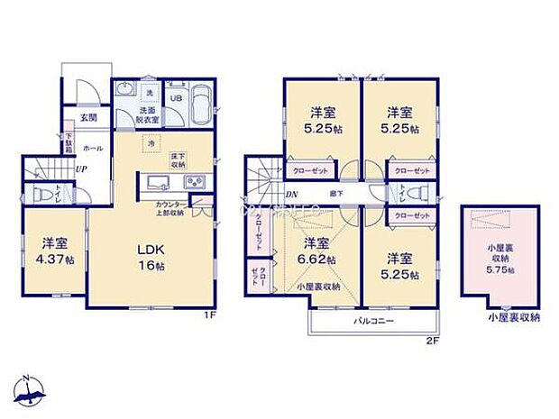 1階16.0帖のLDKはご家族との会話が弾む対面式キッチン!リビングには4.37帖の洋室が併設♪2階主寝室にはご夫婦の衣類がたっぷり収納できるダブルクローゼット付き!