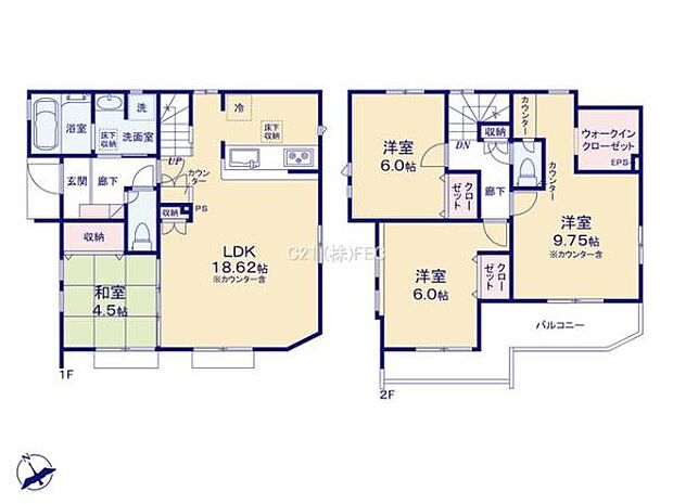1階は3面採光で明るい18.62帖のLDKに4.5帖の和室が併設!開放感のあるおしゃれな折り上げ天井♪2階は全居室6帖以上で家具の配置にも困りません♪主寝室は広々9.75帖♪収納力のあるWICが完備!
