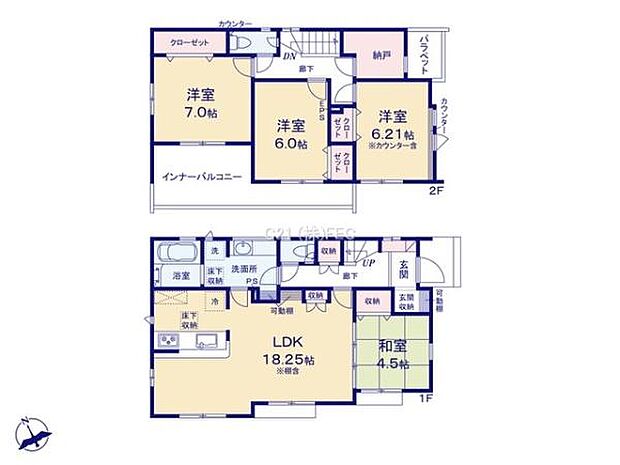 1階18.25帖の広々LDKには食洗器搭載の対面式キッチン♪全居室南向きの明るいお住まい！2階全居室6帖以上♪多用途に利用可能な納戸付き！雨の日でも安心の広々インナーバルコニーは二部屋から出入り可能！