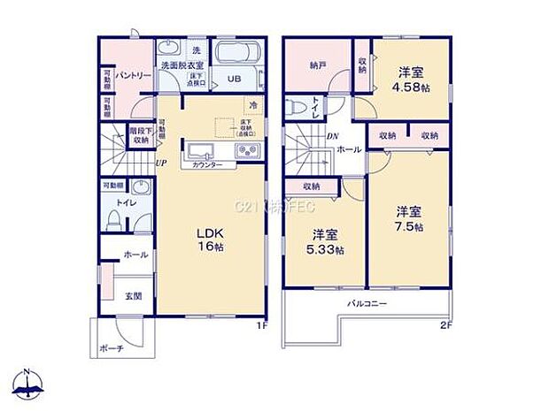 1階は2面採光で明るい16帖のLDK!キッチン横には食料品や日用品のストックに便利な大型パントリー♪2階主寝室は大きなベッドも置ける7.5帖の広さ♪テレワークルームとしても使えるトレージルーム付き!