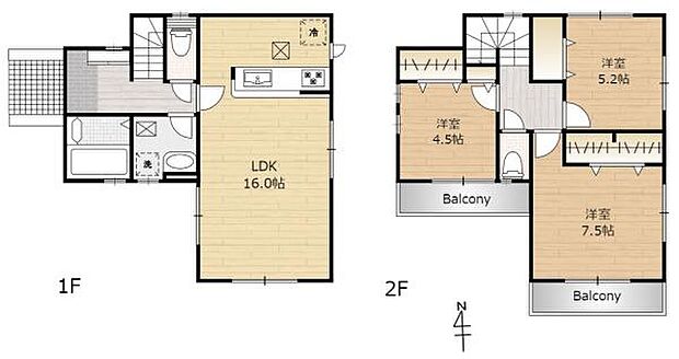 1階16.0帖のLDKはご家族との会話が弾む対面式キッチン！2階主寝室は7.5帖の広々空間♪全居室収納付きでお部屋全体がすっきり片付きます！用途によって使い分けのできる南面バルコニーが二か所！
