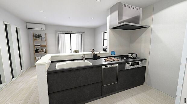 完成予想図　キッチン☆完成イメージパースにつき、実際の内観・色彩等と異なる場合があります。家具はイメージのため、実際には付属しません。