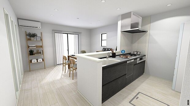 完成予想図　キッチン☆完成イメージパースにつき、実際の内観・色彩等と異なる場合があります。家具はイメージのため、実際には付属しません。