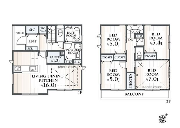 建物プラン例（5号地）建物価格1991万円、建物面積97.29m2
