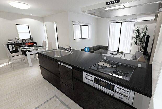 完成予想図　キッチン☆完成イメージパースにつき、実際の内観・色彩等と異なる場合があります。家具はイメージのため、実際には付属しません。