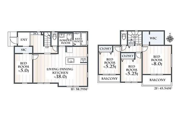 〈建物プラン例〉4LDK建物面積：104.33m2　建物価格：1，800万円