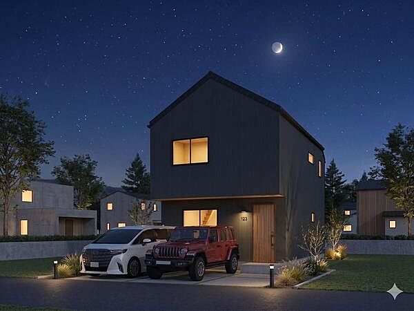物参考プラン例・イメージパース建築費用：約2400万円※各種諸費用、外構費は含まれておりません。※イメージ図のため、建築の際、法令等の制限による、変更、別途費用が必要となる可能