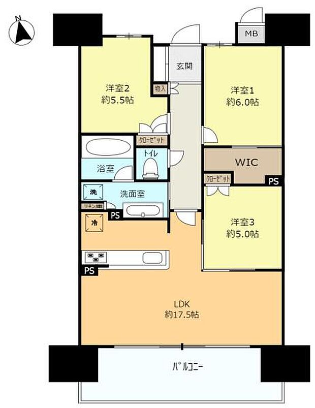 1人〜3人暮らしにオススメの3LDK。余ったお部屋はお仕事部屋や納戸としてもお使いいただけます。
