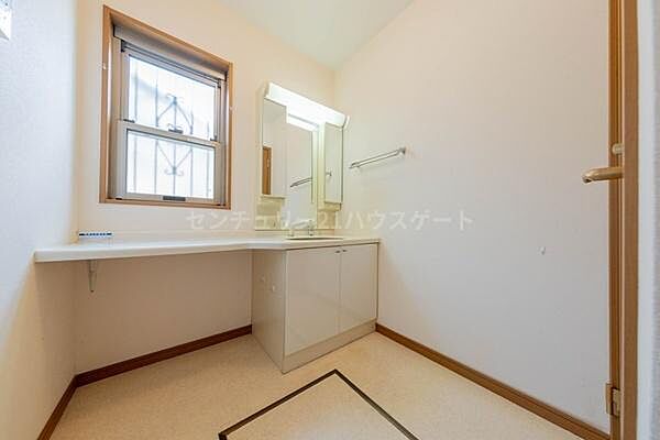 窓付きの洗面室で湿気もこもらず衛生的で気持ちもリフレッシュ。カウンターがあり広くお使い頂けます