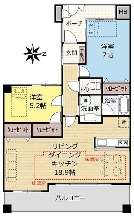 18.9帖の広々LDKで、開放的な暮らしを。2つの洋室は使い勝手が良く、小規模ファミリーやご夫婦におすすめ。