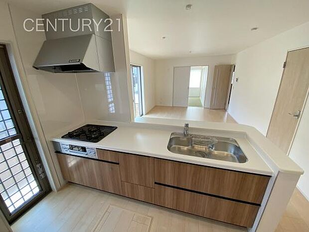 シンクも大きく洗い物もしやすい浄水器付。シャワーヘッドは引き出し可能、シンクの隅々まで洗い流せます。