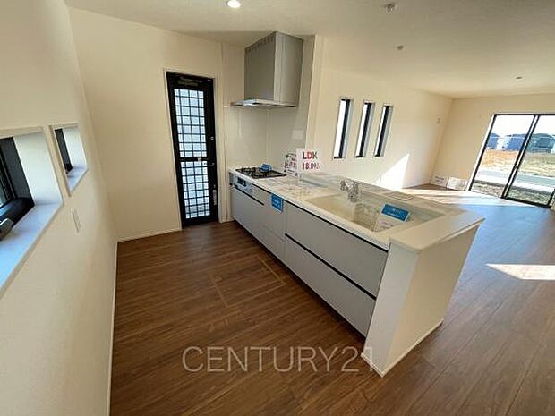 シンクも大きく洗い物もしやすい浄水器付。シャワーヘッドは引き出し可能、シンクの隅々まで洗い流せます。食器洗い乾燥機付きです。