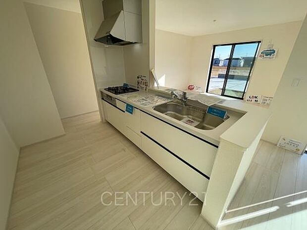 シンクも大きく洗い物もしやすい浄水器付。シャワーヘッドは引き出し可能、シンクの隅々まで洗い流せます。食器洗い乾燥機付きです。