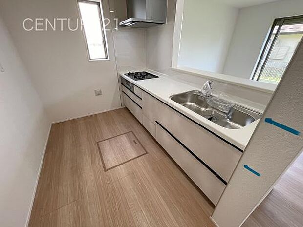 シンクも大きく洗い物もしやすい浄水器付。シャワーヘッドは引き出し可能、シンクの隅々まで洗い流せます。