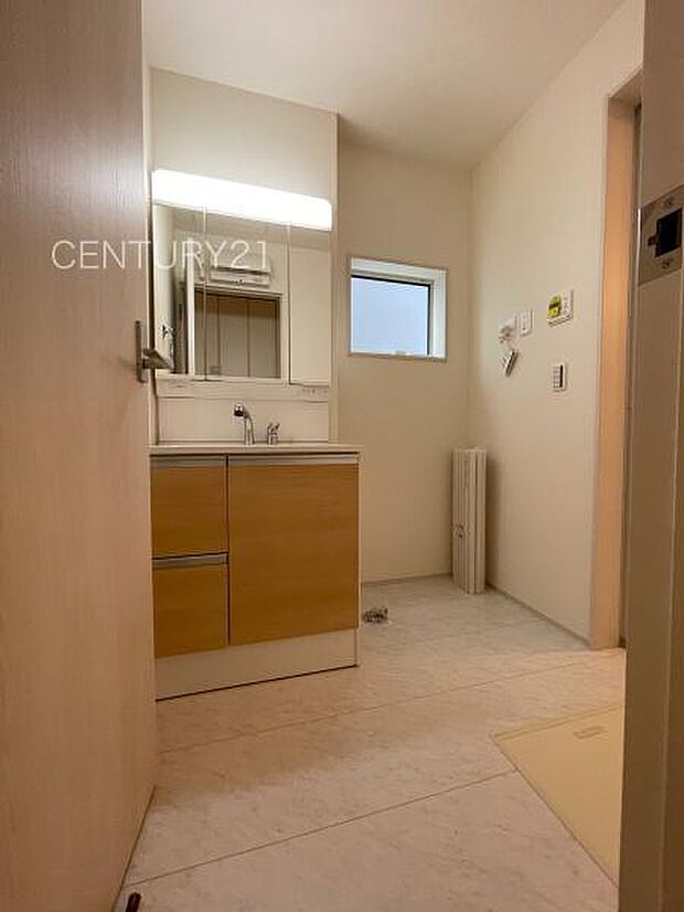 三面鏡付きの洗面台には鏡の裏に収納があり、すっきり片付けられます。洗髪も可能な伸縮機能つきシャワーヘッドです。