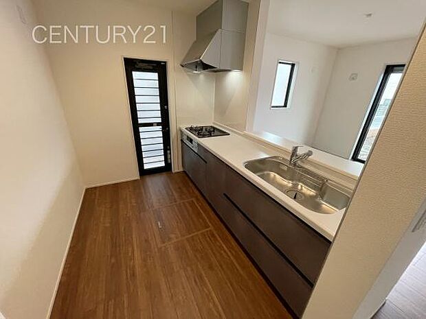 シンクも大きく洗い物もしやすい浄水器付。シャワーヘッドは引き出し可能、シンクの隅々まで洗い流せます。