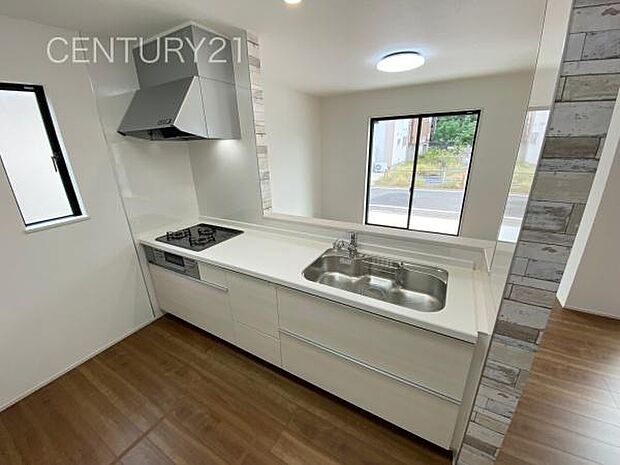 シンクも大きく洗い物もしやすい浄水器付。シャワーヘッドは引き出し可能、シンクの隅々まで洗い流せます。