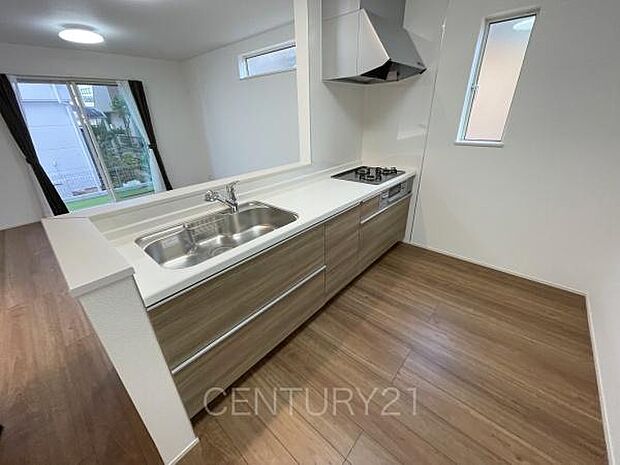 シンクも大きく洗い物もしやすい浄水器付。シャワーヘッドは引き出し可能、シンクの隅々まで洗い流せます。食器洗い乾燥機付きです。