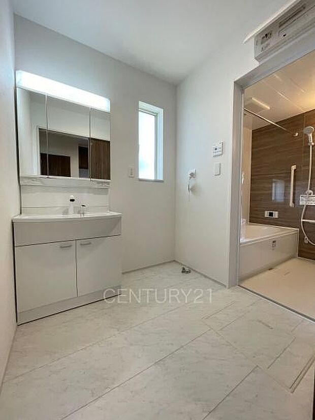 三面鏡付きの洗面台には鏡の裏に収納があり、すっきり片付けられます。洗髪も可能な伸縮機能つきシャワーヘッドです。