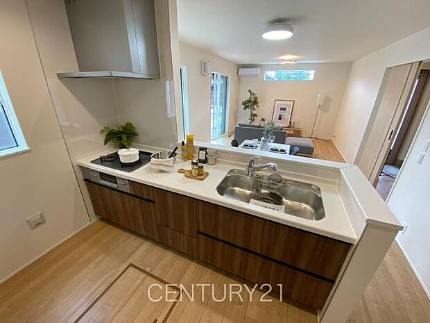 シンクも大きく洗い物もしやすい浄水器付。シャワーヘッドは引き出し可能、シンクの隅々まで洗い流せます。