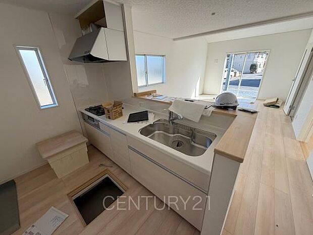 シンクも大きく洗い物もしやすい浄水器付。シャワーヘッドは引き出し可能、シンクの隅々まで洗い流せます。