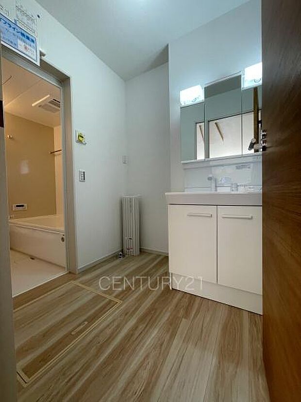 三面鏡付きの洗面台には鏡の裏に収納があり、すっきり片付けられます。洗髪も可能な伸縮機能つきシャワーヘッドです。