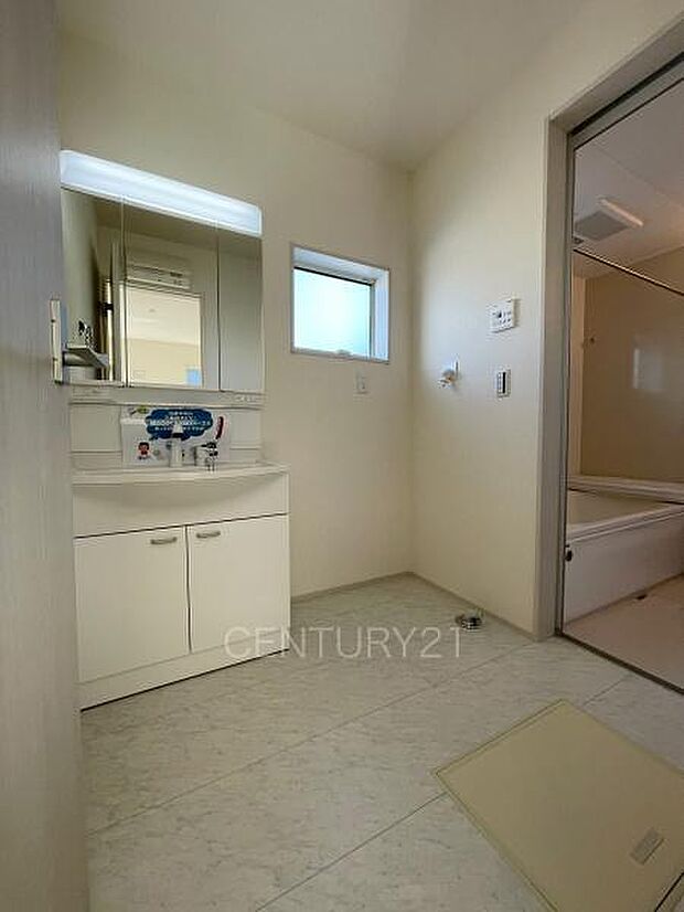 三面鏡付きの洗面台には鏡の裏に収納があり、すっきり片付けられます。洗髪も可能な伸縮機能つきシャワーヘッドです。