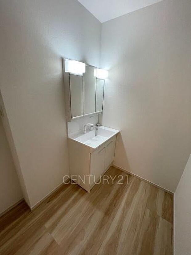 三面鏡付きの洗面台には鏡の裏に収納があり、すっきり片付けられます。洗髪も可能な伸縮機能つきシャワーヘッドです。