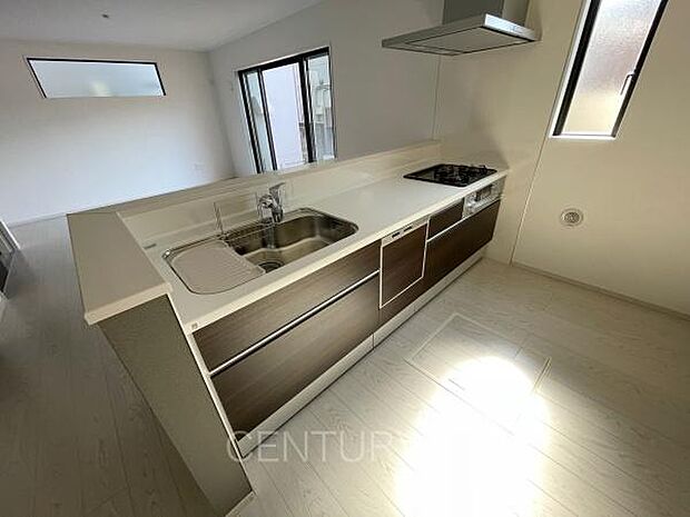 シンクも大きく洗い物もしやすい浄水器付。シャワーヘッドは引き出し可能、シンクの隅々まで洗い流せます。