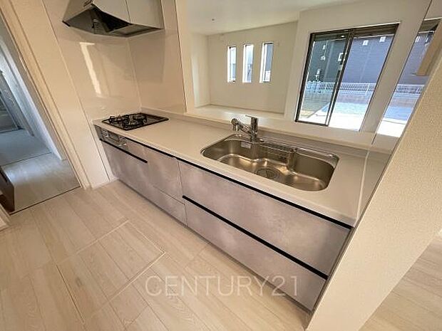 シンクも大きく洗い物もしやすい浄水器付。シャワーヘッドは引き出し可能、シンクの隅々まで洗い流せます。