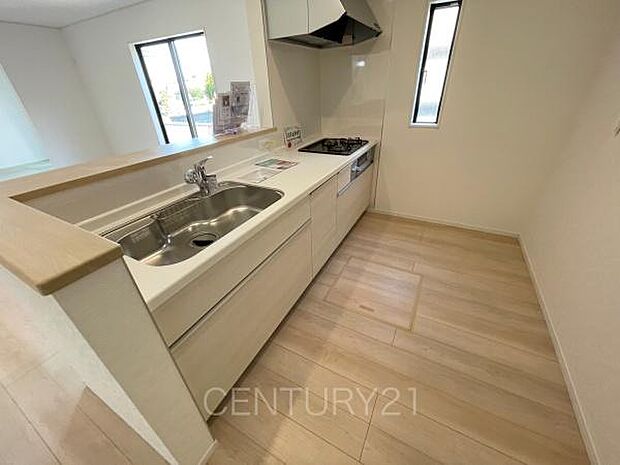 シンクも大きく洗い物もしやすい浄水器付。シャワーヘッドは引き出し可能、シンクの隅々まで洗い流せます。