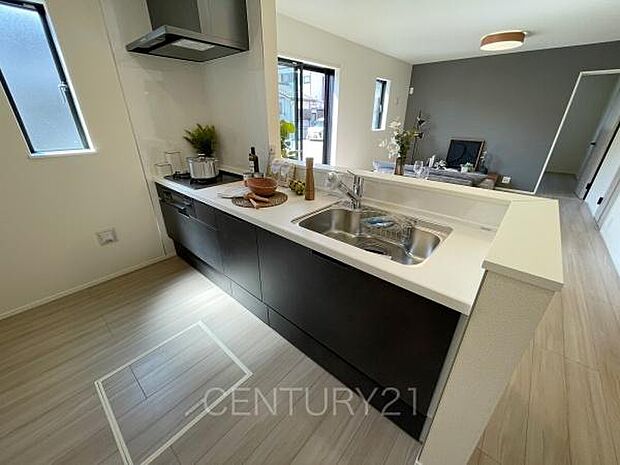 シンクも大きく洗い物もしやすい浄水器付。シャワーヘッドは引き出し可能、シンクの隅々まで洗い流せます。