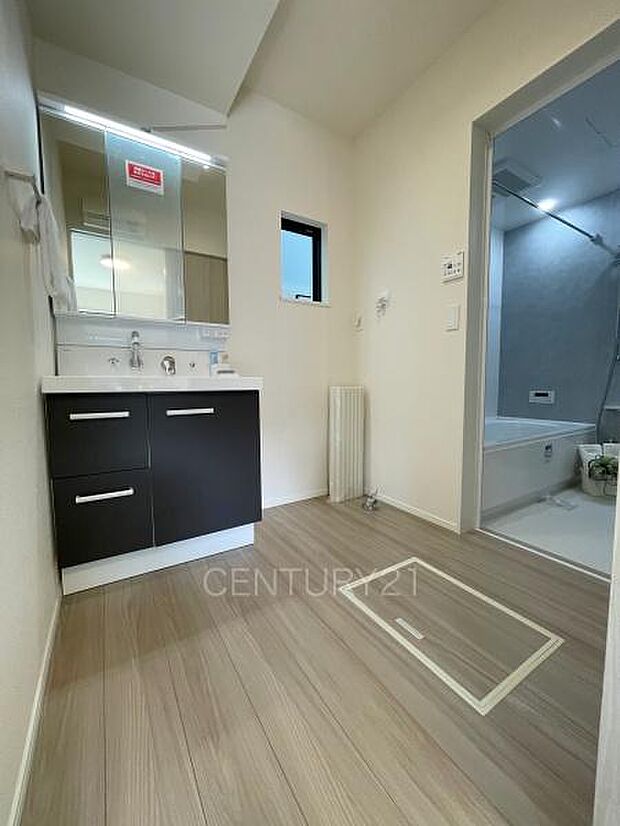 三面鏡付きの洗面台には鏡の裏に収納があり、すっきり片付けられます。洗髪も可能な伸縮機能つきシャワーヘッドです。