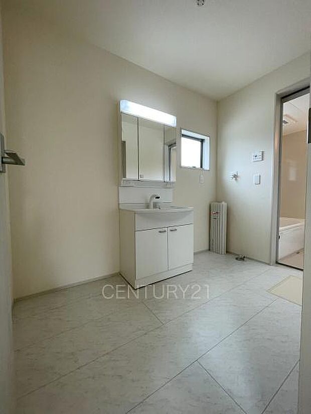 三面鏡付きの洗面台には鏡の裏に収納があり、すっきり片付けられます。洗髪も可能な伸縮機能つきシャワーヘッドです。