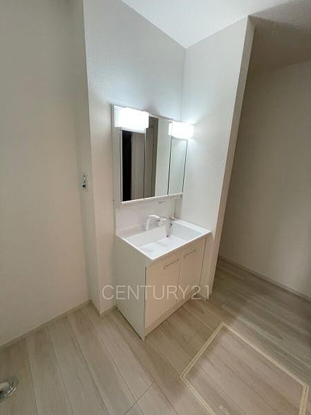 三面鏡付きの洗面台には鏡の裏に収納があり、すっきり片付けられます。洗髪も可能な伸縮機能つきシャワーヘッドです。