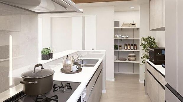 大人気の対面式システムキッチンを採用しています!ご家族のコミュニケーションが自然と増える設計です。お子様にも目が届くので嬉しいですね。収納力もあります!【同仕様写真】/【現地販売会開催中】