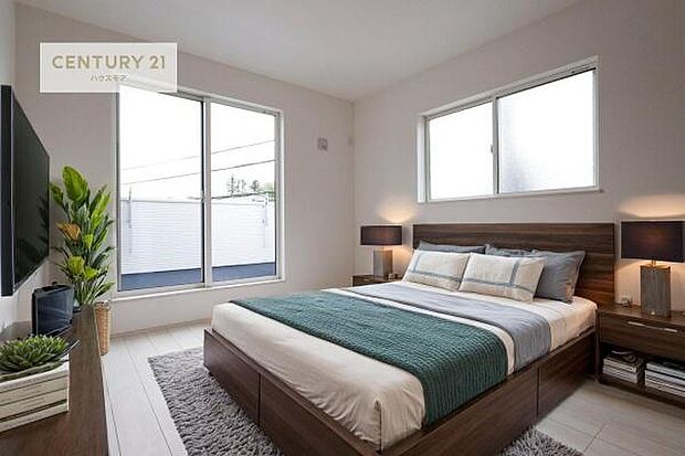 家具はCGパースです。バルコニーに面した洋室。優しい光が差し込む洋室は、朝の目覚めも気持ちが良さそうですね。おうち時間もゆったりと過ごすことができます。