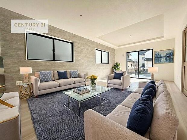 家具はCGパースです。優しい陽だまりがリビングを包んでくれて居心地の良い空間を演出してくれます！くつろぎの時間を過ごせます！