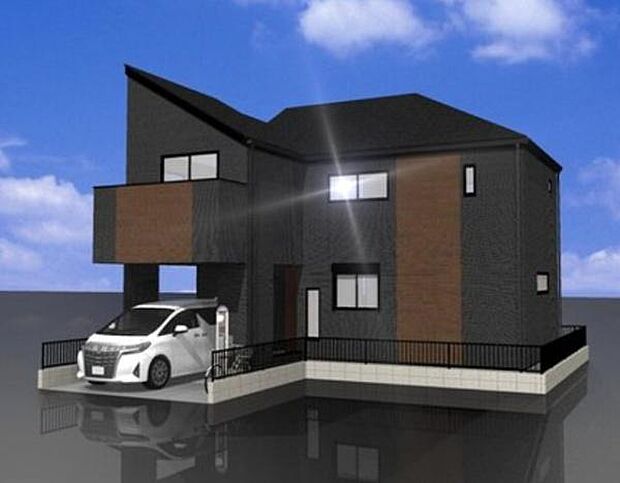 こちらは完成予想図です。明るく洗練された外観デザインで、快適な暮らしを想像しやすい仕上がりになっています。完成後の住まいでの新しい生活が楽しみになる一枚です。