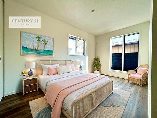 家具はCGパースです。バルコニーに面した洋室。優しい光が差し込む洋室は、朝の目覚めも気持ちが良さそうですね。おうち時間もゆったりと過ごすことができます。